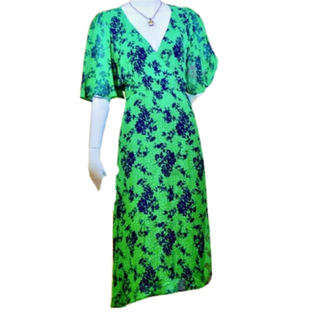 Midi Wrap Caroll Paris Dress in Kelly Green with Navy Floral/Polka Dots Print